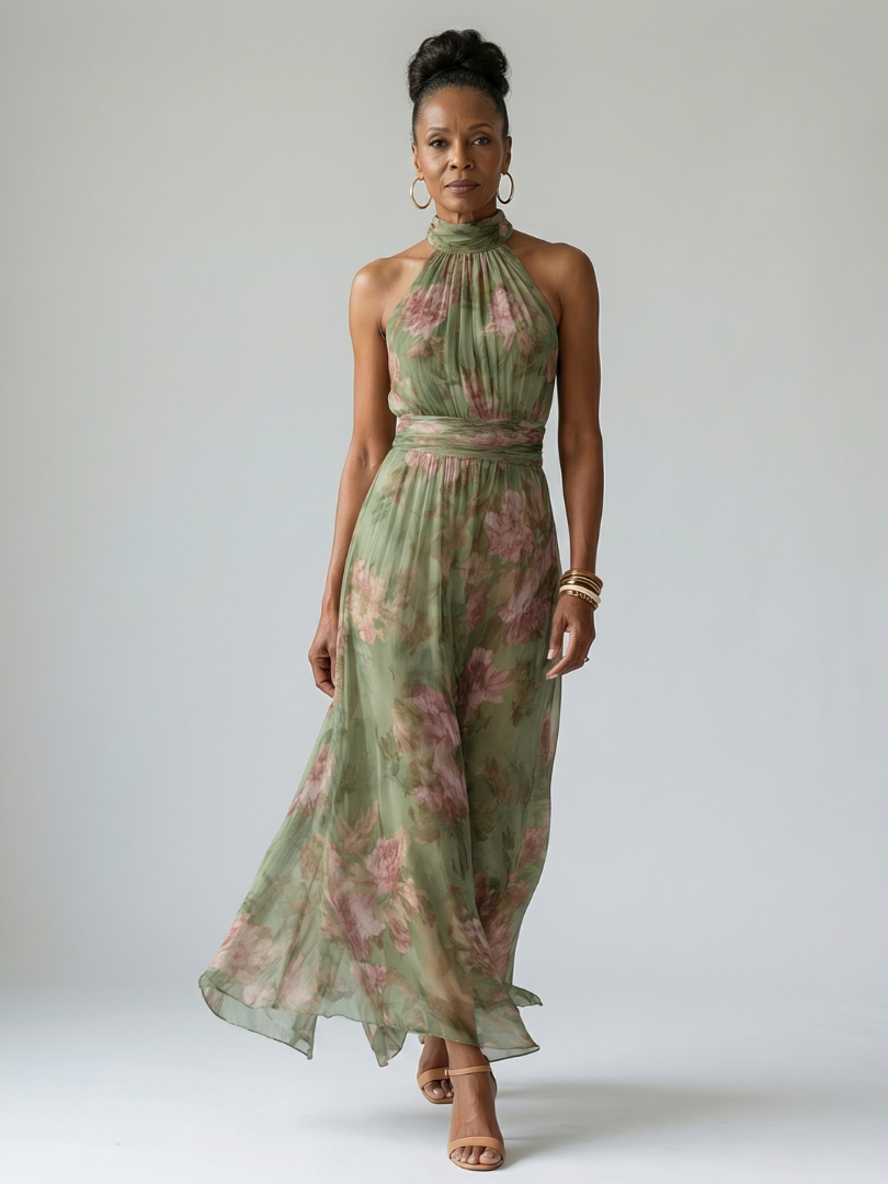 Adriana | Vestido Midi con Cuello Halter Fruncido