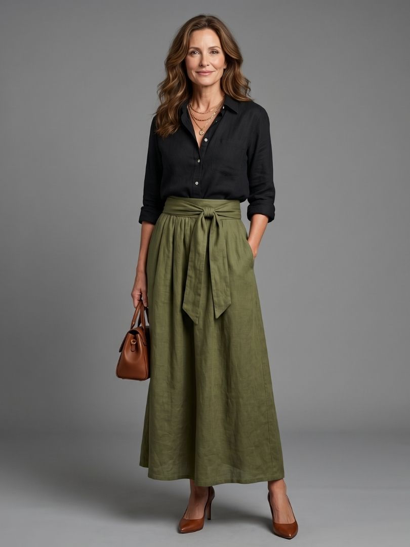 Carla | Conjunto de Dos Piezas Blusa Negra Falda Midi Verde Oliva