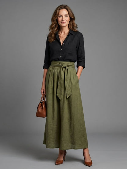 Carla | Conjunto de Dos Piezas Blusa Negra Falda Midi Verde Oliva