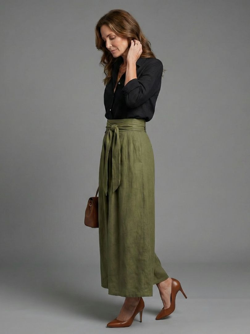 Carla | Conjunto de Dos Piezas Blusa Negra Falda Midi Verde Oliva