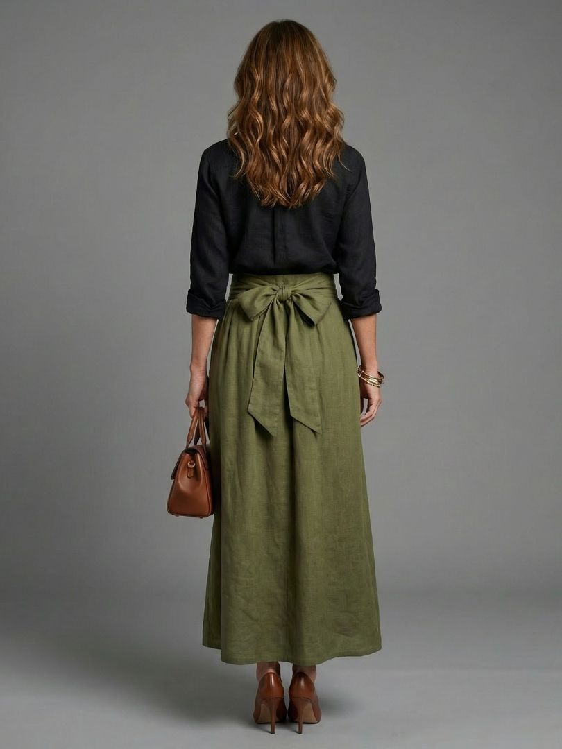 Carla | Conjunto de Dos Piezas Blusa Negra Falda Midi Verde Oliva