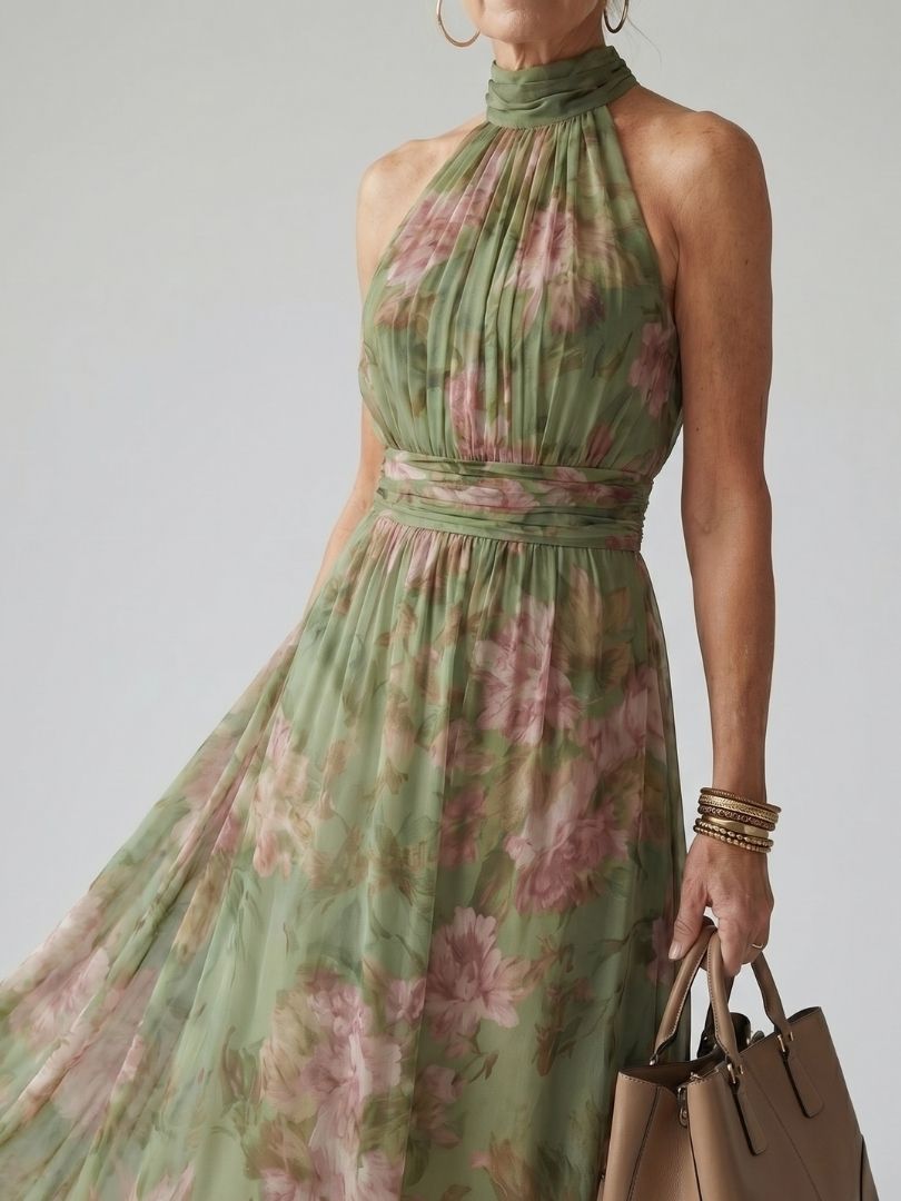 Adriana | Vestido Midi con Cuello Halter Fruncido