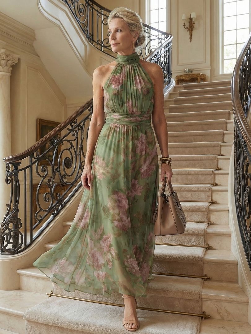 Adriana | Vestido Midi con Cuello Halter Fruncido