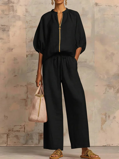Alba | Conjunto de dos piezas en lino y algodón: Camisa de estilo relajado y pantalón de pernera ancha