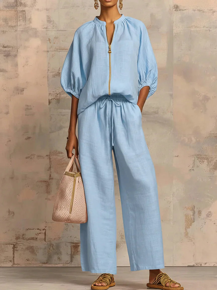 Alba | Conjunto de dos piezas en lino y algodón: Camisa de estilo relajado y pantalón de pernera ancha