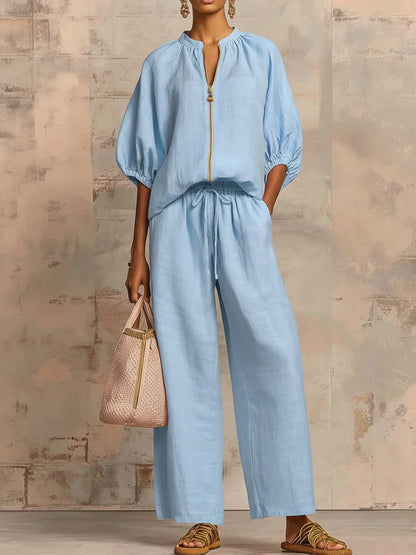 Alba | Conjunto de dos piezas en lino y algodón: Camisa de estilo relajado y pantalón de pernera ancha